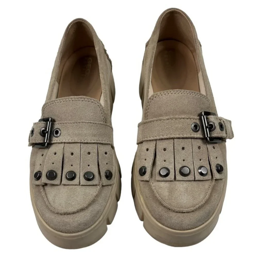 Geox Ghoula Italian Patent Suede Taupe Chunky Lug Loafers Buckle Size 38 (US 8)